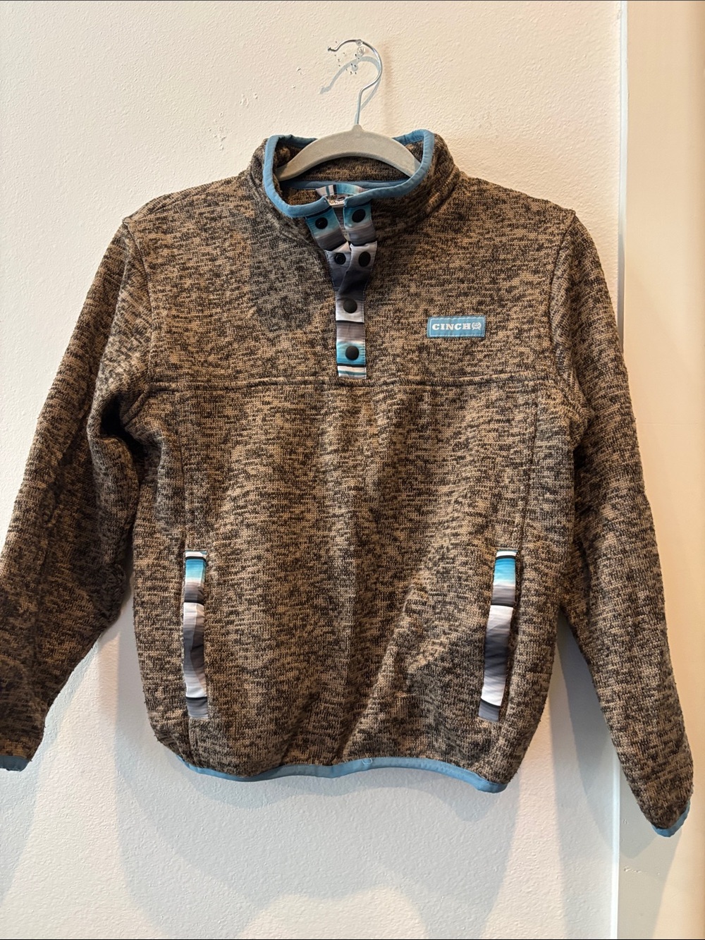 Cinch Kids Heathered Brown Pullover Jacket Blue Trim Western Cowboy Medium 10